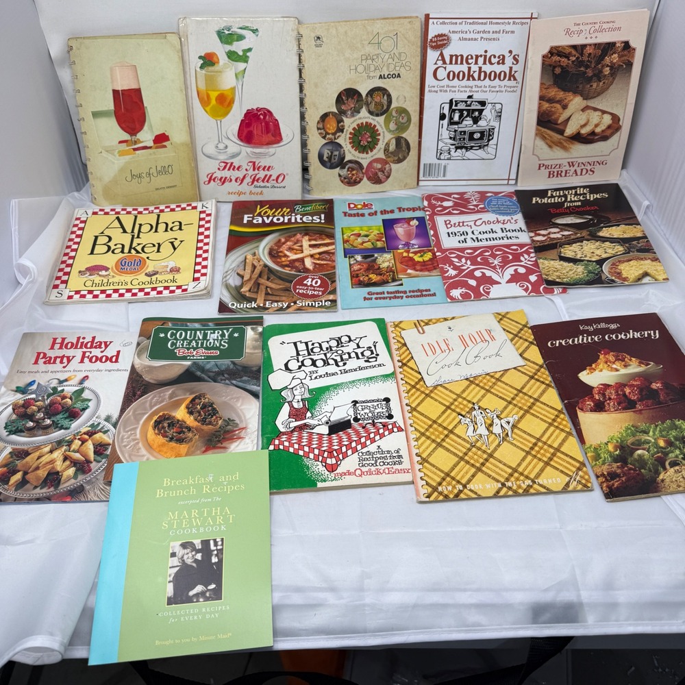 15 Vintage Cookbook Lot Betty Crocker Jell-O Martha Stewart Retro Recipes